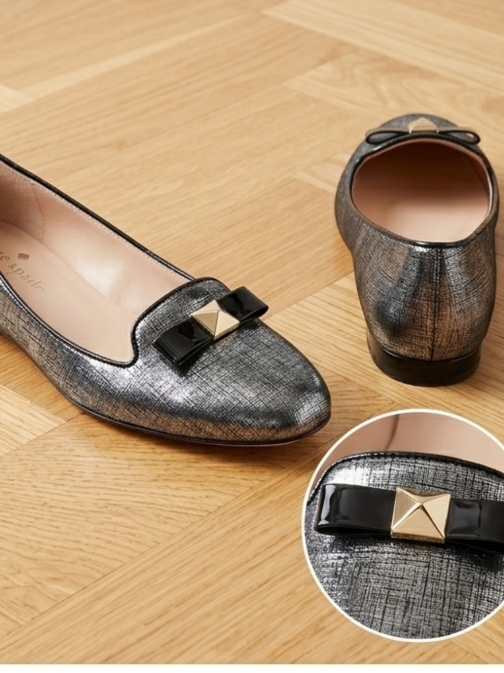 Kate Spade Black/Silver Flats with Bow Detail | 10